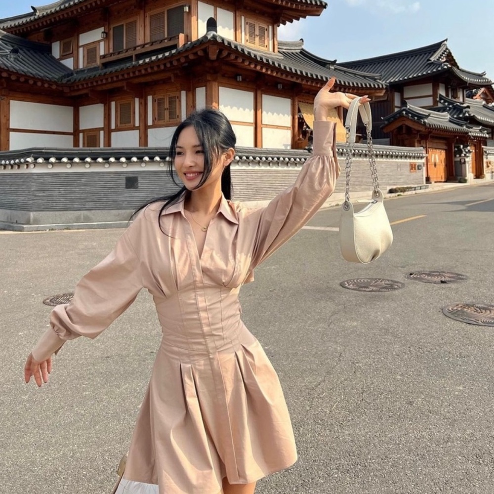 Bershka Beige Long Sleeve Pleated Mini Dress